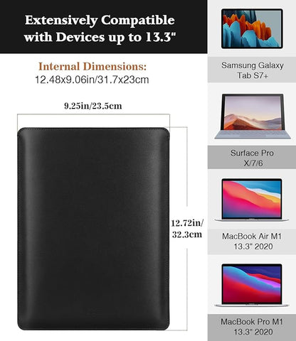 MoKo Laptop Sleeve Compatible with MacBook Air 13.3 M5/4/3/2/1, 13-in Mac Pro M2/M1 & MacBook Neo A18, PU Leather Notebook Computer Protective Carrying Bag Slim Stylish Case Pouch, Black
