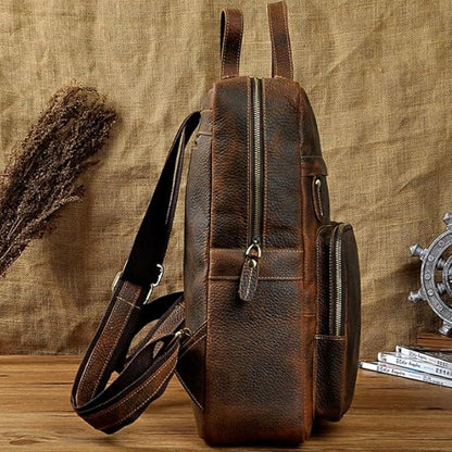 Business Commuting Brown Leather Men's Large Capacity Backpack Computer Bag