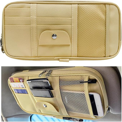 DXNQ Car Sun Visor Organizer, Double Zipper Leather Visor Storage Pouch with Multi-Pocket, Sunglass Holder Storage Pocket with Elastic Band for Cars SUVs Trucks, Car Accessories (Beige)