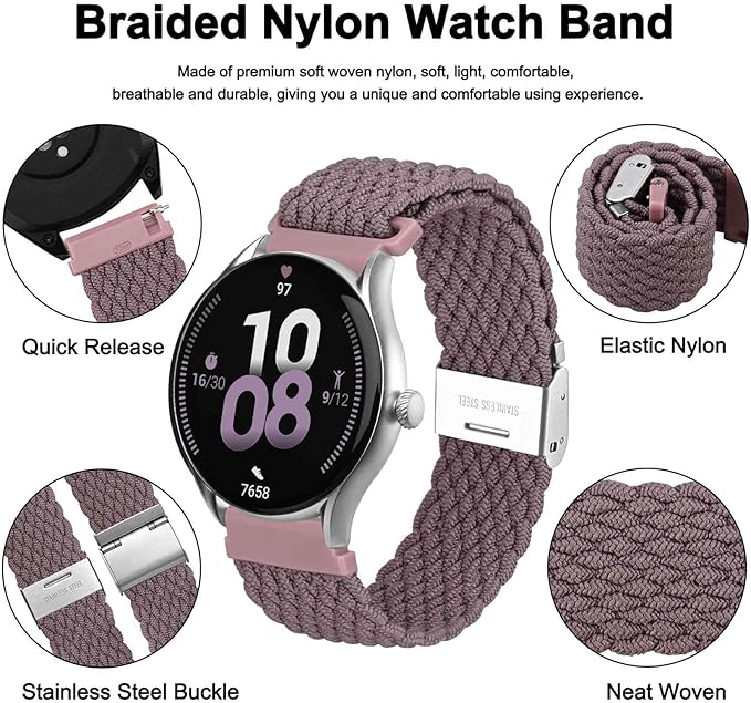 WOCCI 20mm Braided Nylon Watch Band for Men and Women, Quick Release, Silver Stainless Steel Buckle (Woodrose)