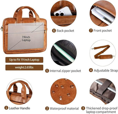 Faux Leather Messenger Bag for Men 17.3 Inch: Laptop Bag Briefcase Computer Handbags Shoulder Crossbody Bag with Padded Laptop Sleeve for Work College Travel, PU Brown