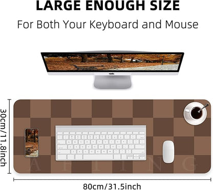 Non-Slip Checkered Desk Mat, Waterproof PU Leather Protector, Large Blotter, Easy Clean Laptop Writing Mat for Work/Home/Decor (Brown 31.5" x 12")