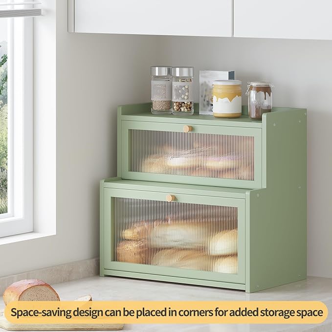 Double Layer Bamboo Bread Box for Kitchen Counter, Countertop Bread Storage Container, Bread Container Bread Storage with Window Bread Holder (Green)
