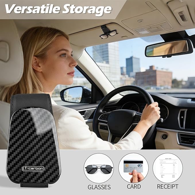 T-carbon Sunglass Holder for Car Visor,Magnetic Leather Glasses Holder,Carbon Fiber Sunglasses Holder and Ticket Card Clip,Car Accessories Interior,Glossy Black