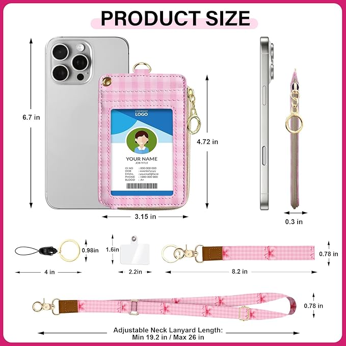 Lanyard Wallet with Id Badge Holder, RFID Keychain Wallet Lanyard for Women, Zipper Credit Card Holder Phone Wrist Neck Strap for Id Badge, Teacher Nurs Office Gifts - Cute Pink Bowknot