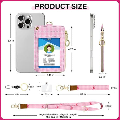 Lanyard Wallet with Id Badge Holder, RFID Keychain Wallet Lanyard for Women, Zipper Credit Card Holder Phone Wrist Neck Strap for Id Badge, Teacher Nurs Office Gifts - Cute Pink Bowknot
