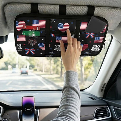 250th USA Anniversary Car Sun Visor Organizer Auto Visor Multi-Pocket Storage Pouch Holder Vehicle Visor Net Personal Belonging Pouch for Card Pen Phone