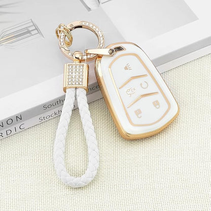 PIFOOG Key Fob Cover Fit for Cadillac XT5 XT6 XT4 CTS CT6 ATS SRX XTS 5 Buttons White Gold Car Keys Case Shell Bling Keychain Full Protector Covers Accessories Girly Women Cute Soft TPU