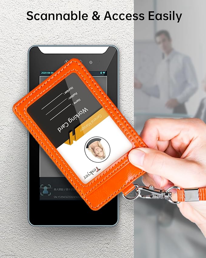 Teskyer Badge Holder with Lanyard, Leather ID Name Badge Card Holder with Lanyard for ID Badges, Vertical, Bright Orange