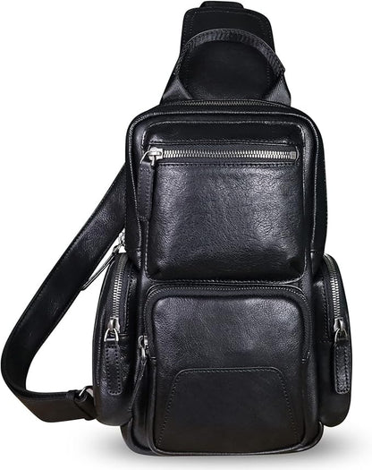 IVTG Genuine Leather Sling Bag Crossbody Casual Hiking Daypack Vintage Handmade Chest Bag Shoulder Backpack Motorcycle Pack (Darkgrey)