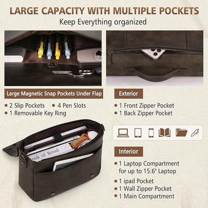 RAINSMORE Leather Messenger Bag for Men 15.6 Inch Laptop Bag Vintage Briefcase Large Computer Bag Satchel Shoulder Bag For College, Work, Business, Office, Wood