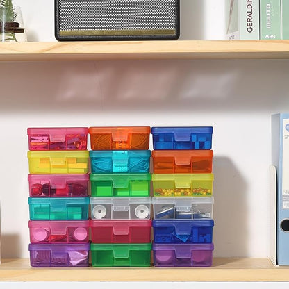 novelinks Plastic Small Storage Bins with Lids for Organizing, Mini Clear Storage Containers and Stackable Storage Box Organizer for Pencil Boxes, Task Boxes, Crayon Boxes (18 Pack Small -Color)