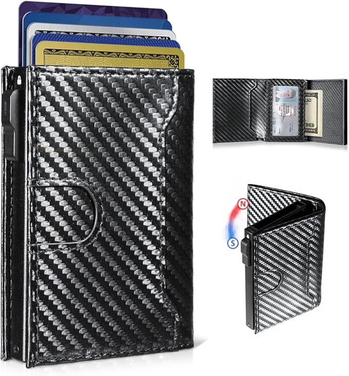 Wallet for Men, Slim Minimalist Mens Wallet for RFID Blocking, Front Pocket Credit Card Holder Wallets with ID Window, Smart Pop Up Metal Aluminum Case Gift for Men, Carbon Fiber Black
