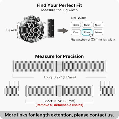 Fullmosa Stainless Steel Watch Band 16mm 18mm 19mm 20mm 22mm 24mm, Quick Release Metal Replacement Strap with Removable Links, Includes Spring Bars & Link Removal Tool for Men Women (22mm, Silver)