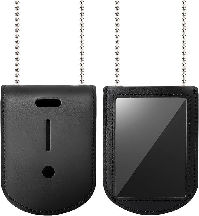 Wisdompro Police Badge Holder, Cowhide Leather Universal Police Badge Holder Pocket Case with Clear ID Window and Inside Card Slot, Hook and Loop Closure and Stainless Bead Chain Necklace - Rectangle
