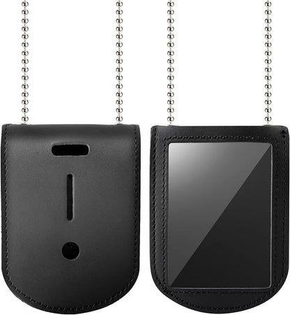 Wisdompro Police Badge Holder, Cowhide Leather Universal Police Badge Holder Pocket Case with Clear ID Window and Inside Card Slot, Hook and Loop Closure and Stainless Bead Chain Necklace - Rectangle
