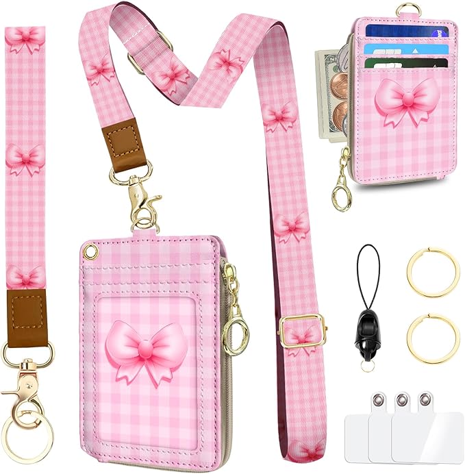 Lanyard Wallet with Id Badge Holder, RFID Keychain Wallet Lanyard for Women, Zipper Credit Card Holder Phone Wrist Neck Strap for Id Badge, Teacher Nurs Office Gifts - Cute Pink Bowknot