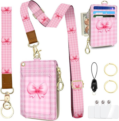 Lanyard Wallet with Id Badge Holder, RFID Keychain Wallet Lanyard for Women, Zipper Credit Card Holder Phone Wrist Neck Strap for Id Badge, Teacher Nurs Office Gifts - Cute Pink Bowknot