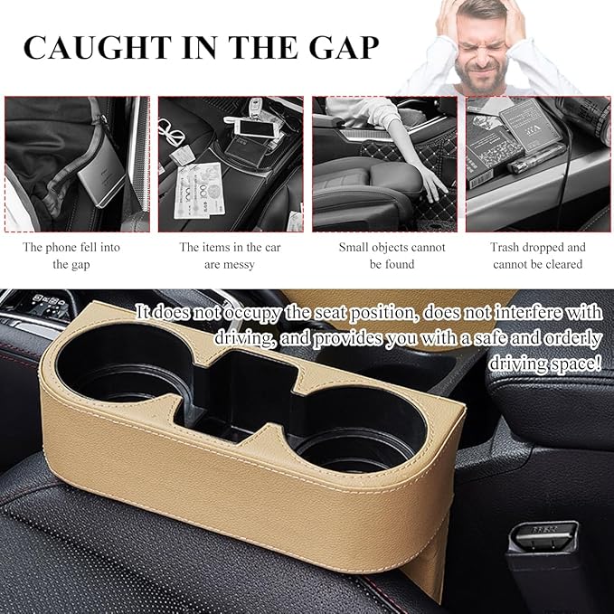 DXNQ Car Cup Holder Gap Filler Organizer, Multifunctional Auto Front Console Gap Filler with Cup Holder, Leather Extra Cup Holder Storage Box for Car Truck SUV, Car Accessories (Beige)