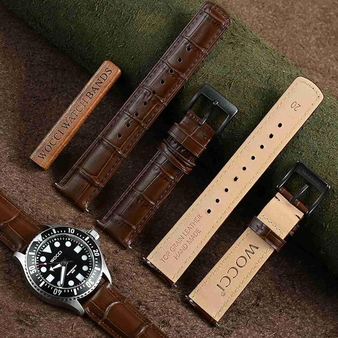 WOCCI Watch Bands, Top Grain Leather, Embossed Alligator Grain, Quick Release, Band Width 18mm 20mm 22mm