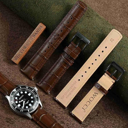 WOCCI Watch Bands, Top Grain Leather, Embossed Alligator Grain, Quick Release, Band Width 18mm 20mm 22mm