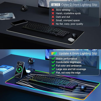 Mouse Pad with Phone Holder, Wireless Charging Desk Mat, RGB Gaming Mousepad Home Office Large Desk Pad with Ultra-Smooth Surface, Non-Slip Base, Waterproof Keyboard Pad,Wavy Black