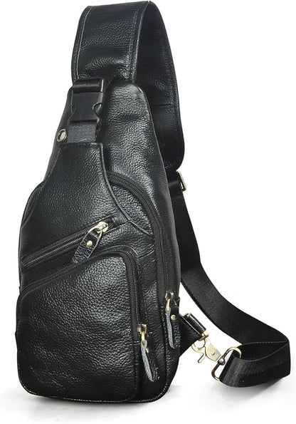 Water Resistant Canvas + Leather Hiking Travel DayPack Sling Crossbody Triangle Chest Pack Bag For Men Women FB8013 (100% Genuine Leather-8015-C-Black)