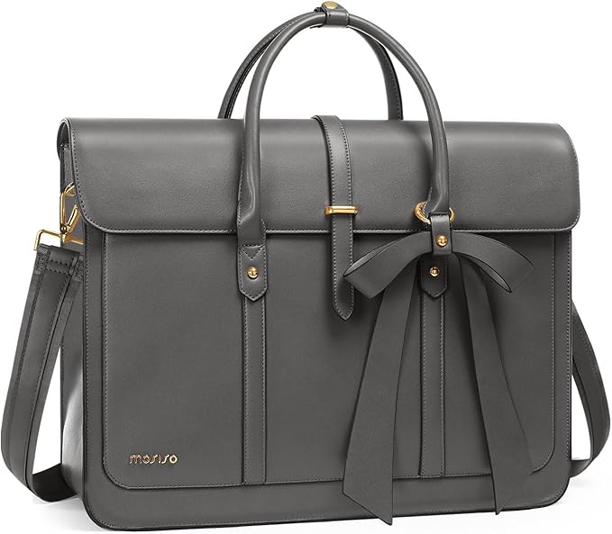 MOSISO Laptop Bag for Women, 15-15.6 inch PU Leather Laptop Shoulder Bags Convertible Backpack, 16 inch Messenger Bags Casual Handbag Work Briefcase Travel Computer Bag with Bowknot, Gray