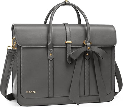 MOSISO Laptop Bag for Women, 15-15.6 inch PU Leather Laptop Shoulder Bags Convertible Backpack, 16 inch Messenger Bags Casual Handbag Work Briefcase Travel Computer Bag with Bowknot, Gray