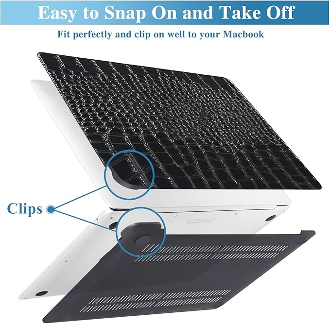 KEROM Compatible for Crocodile MacBook Pro 13 Inch Case 2025-2016 M2 M1 A2338 A2289 A2251 A2159 A1989 A1706 A1708, Textured Aligator Skin Snakeskin PU Leather Hardshell & Keyboard Cover, Shiny Black