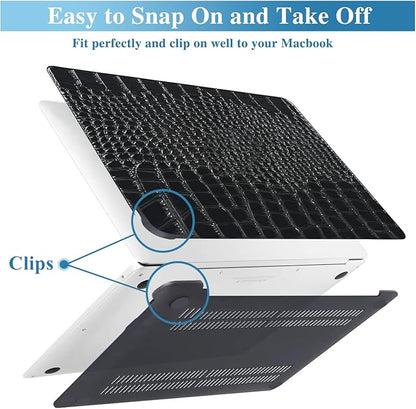 KEROM Compatible for Crocodile MacBook Pro 13 Inch Case 2025-2016 M2 M1 A2338 A2289 A2251 A2159 A1989 A1706 A1708, Textured Aligator Skin Snakeskin PU Leather Hardshell & Keyboard Cover, Shiny Black