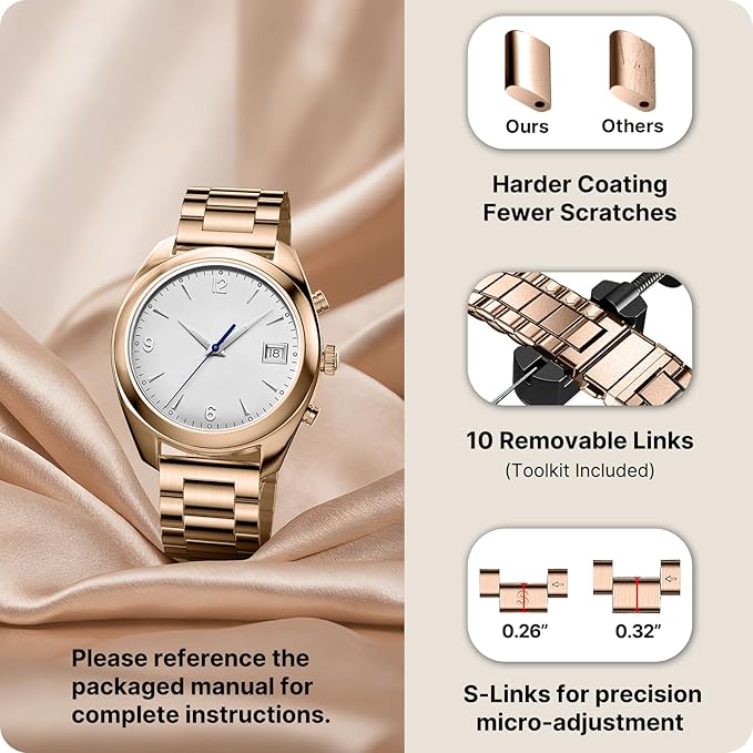 Fullmosa 18mm Stainless Steel Watch Band, Quick Release Metal Replacement Strap with Removable Links, Includes Spring Bars & Link Removal Tool for Men Women (Rose Gold)