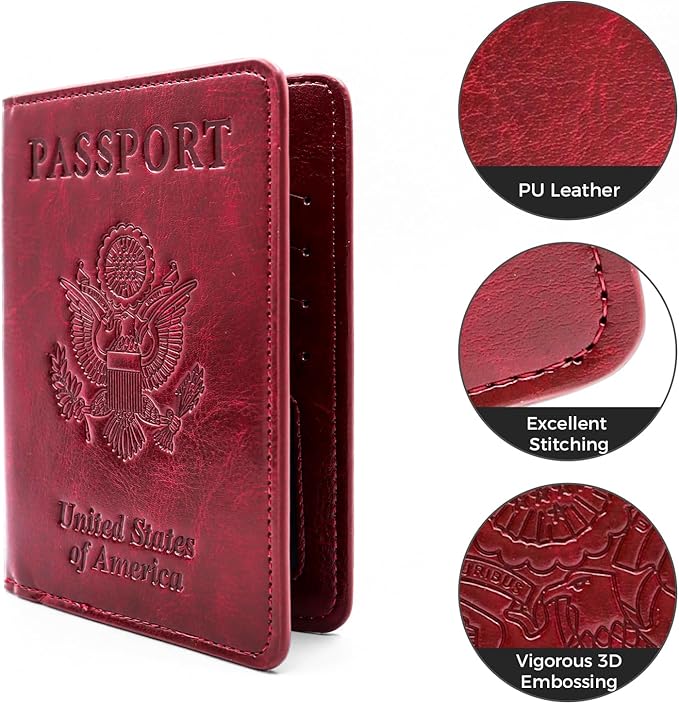 Passport Holder for Travel Essentials RFID Blocking Wallet Card Case PU Leather Passport Cover Women and Men (Wine)