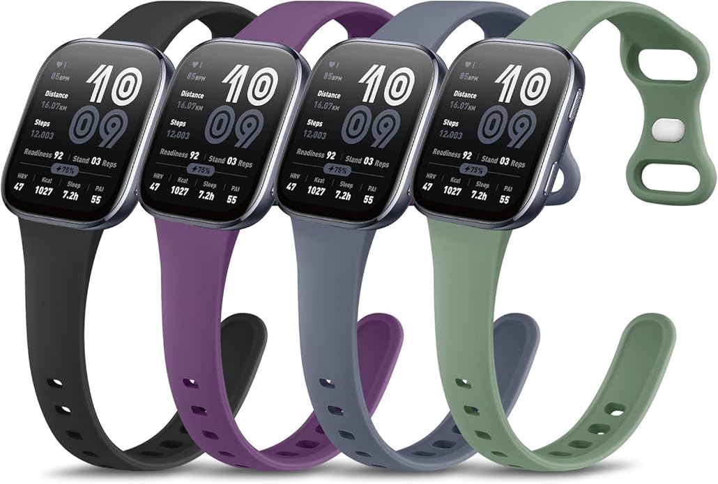 Vancle 4 Pack Slim Silicone Watch Bands for Amazfit Bip 6/Bip 5, GTR 4/ GTR 3/3 Pro/GTR 2/2e/GTR 47mm/Balance Watch Band Women Men, 22mm Sport Silicone Adjustable Strap