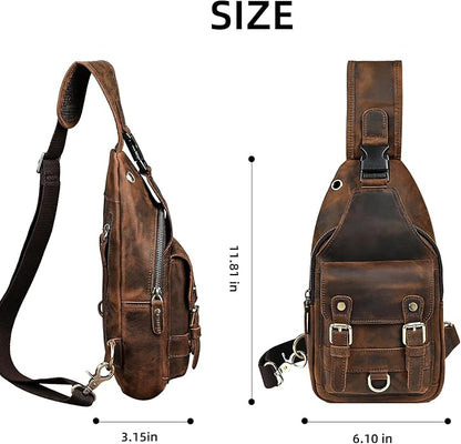 Thick Crazy horse Leather Triangle Crossbody Sling Chest Bag Travel One Shoulder Bag Daypack For Men Male 3028