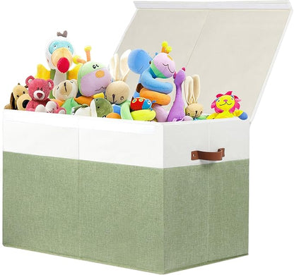 Gowee Large Toy Storage Box with Lid, Sturdy Toys Storage Chest Bin Organizer Basket with Dividers for Kids, Boys, Girls, Nursery, Closet, Bedroom, Playroom 26"x17" x17" (Green and White)
