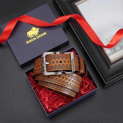 BISON DENIM Men's Genuine Leather Casual Belt, Classic Western Cowboy Dress Belts