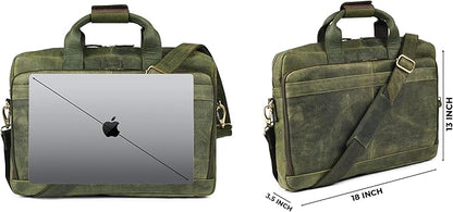 LEATHER VILLAGE 18" Leather Laptop Messenger Briefcase Bag for Men-Leather Satchel for Travel and Office Shoulder Bag- Olive
