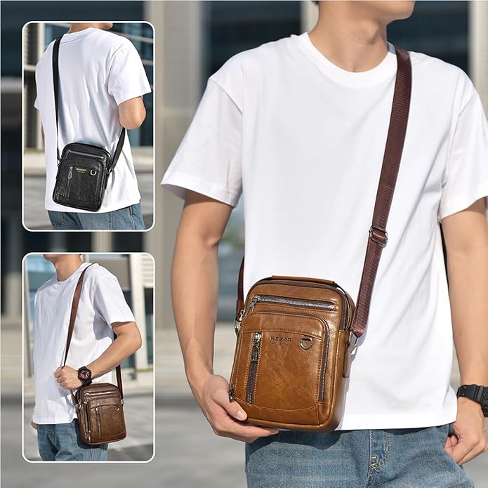 Messenger Bag for Men Crossbody Shoulder Purse Small Vintage PU Leather Satchel Pouch Side Crossover Handbag