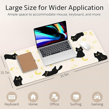 Mouse Pad Leather Desk Mat Large Keyboard Cute Office Desktop Computer Laptop XXL Long Big Aesthetic Modern Design Women Girls Gaming Gamer Oversized Wide Mousepad 31.5"x15.7", Black Cat