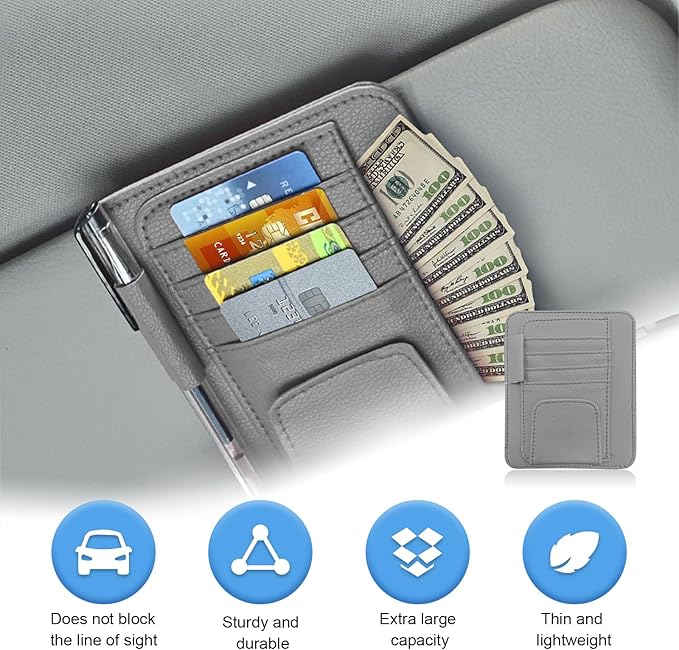 Augeny Car Sun Visor Organizer, Small Auto Visor Organizer and Storage, Registration and Document Holder, Vehicle Accessories for Sunglasses, Document, Card, Pen, Driver License (Gray)