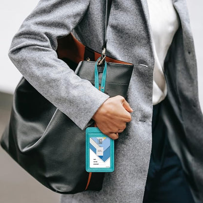 Wisdompro Badge Holder with Wrist Lanyard, 2-Sided PU Leather ID Card Holder Wallet Case with Wristlet Strap and Retractable Reel, Easy Swipe for Work, School, Metro and Access Card - Teal