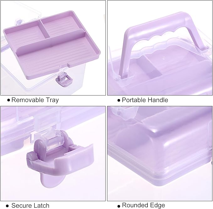 BTSKY Multipurpose Plastic Craft Storage Containers with Removable Tray, Clear Plastic Storage Box with Lid & Handle, Easy Carry & Stack Small Storage Container, 6.3x5.6x6.3 Inch, Square-Purple
