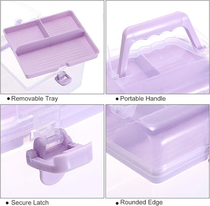 BTSKY Multipurpose Plastic Craft Storage Containers with Removable Tray, Clear Plastic Storage Box with Lid & Handle, Easy Carry & Stack Small Storage Container, 6.3x5.6x6.3 Inch, Square-Purple