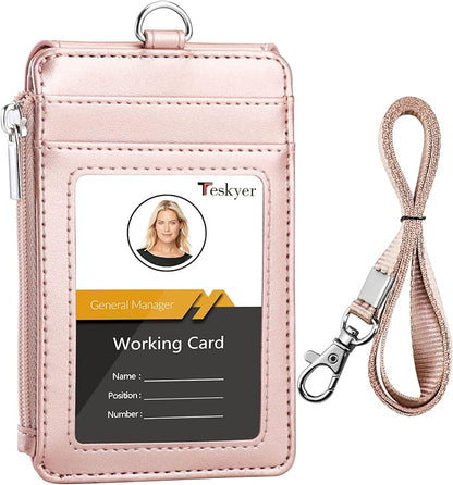 Teskyer Badge Holder with Side Zip Pocket, Multiple Card Slots Leather ID Holder Wallet with Neck Lanyard for Office Staffs, Teachers/Students, Couriers, Workers, Rose Gold