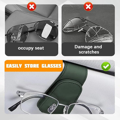 Sunglasses Holder for Car Visor, Microfiber Leather Magnetic Sun Visor Eyeglasses Hanger & Ticket Card Clip, Multi-Function Automotive Interior Glasses Mount, Universal Fit (Black Green)