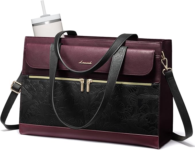 LOVEVOOK Laptop Tote for Women 15.6 Inch, PU Leather Waterproof Work Tote with Large Tumbler Pocket, Peony Embossed Textured Computer Bag, Organized Teacher Office Business Crossbody Handbag