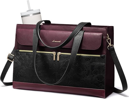 LOVEVOOK Laptop Tote for Women 15.6 Inch, PU Leather Waterproof Work Tote with Large Tumbler Pocket, Peony Embossed Textured Computer Bag, Organized Teacher Office Business Crossbody Handbag