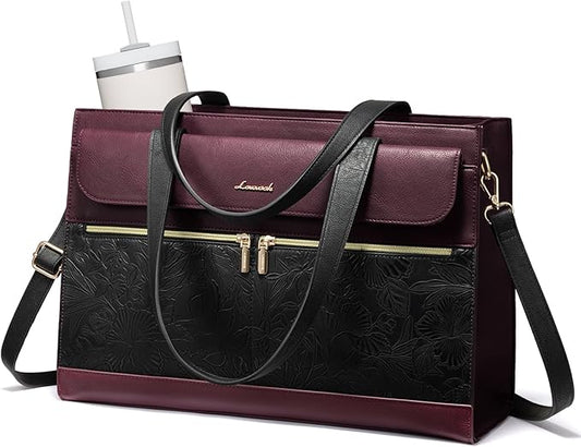 LOVEVOOK Laptop Tote for Women 15.6 Inch, PU Leather Waterproof Work Tote with Large Tumbler Pocket, Peony Embossed Textured Computer Bag, Organized Teacher Office Business Crossbody Handbag