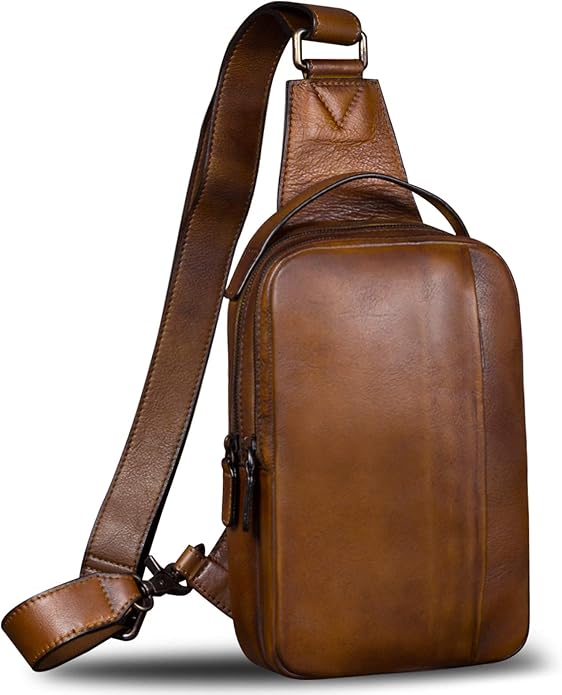 Genuine Leather Sling Bag for Men and Women Vintage Real Leather Sling Backpack Shoulder Crossbody Bags Chest Purse